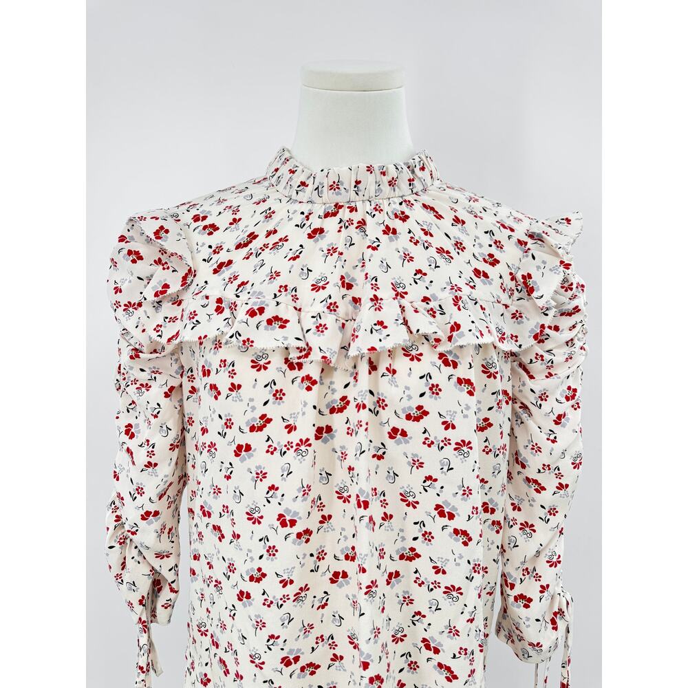 Veronica Beard Howell Floral Silk Top Ivory Blouse Smocked Arms Tie Back